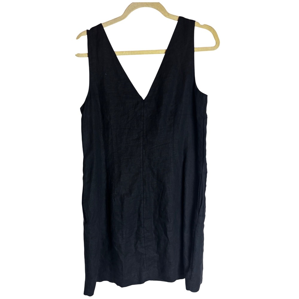 J.Crew Womens Black Linen V-Neck Sleeveless Shift Dress with Pockets Size S